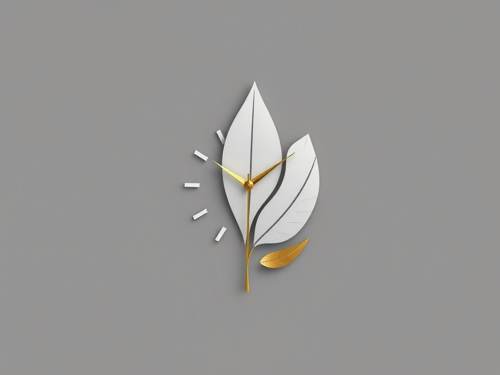 An abstract symbol of a clock integrated with a leaf, minimalist, gold and white, clean background, photorealistic, 8k, commercial photography style